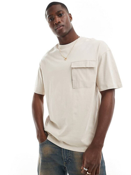 Jack & Jones oversized nylon pocket t-shirt in beige