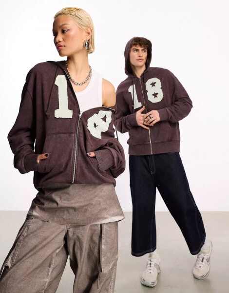 COLLUSION Unisex zip through hoodie in brown with applique detail