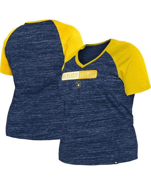 Women's Navy Milwaukee Brewers Plus Size Space Dye Raglan V-Neck T-shirt