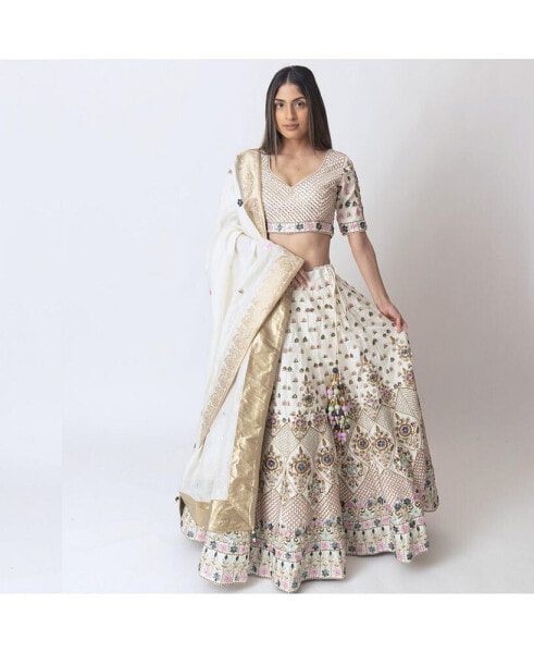 Women's Hand Embroidered White Raw Silk Lehenga Choli