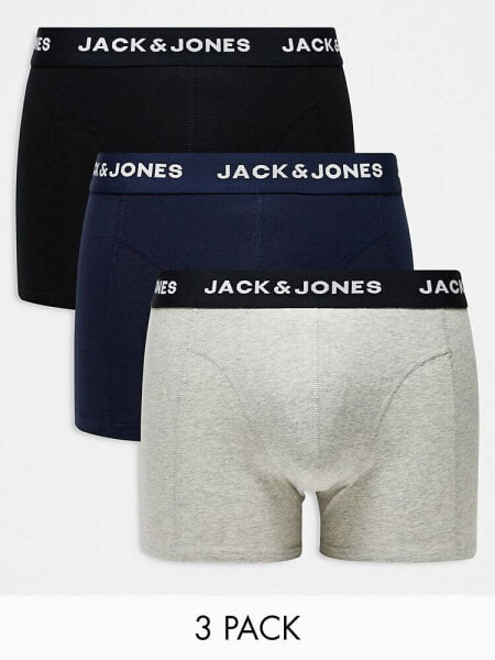 Jack & Jones 3 pack trunks in multi grey with logo waistband