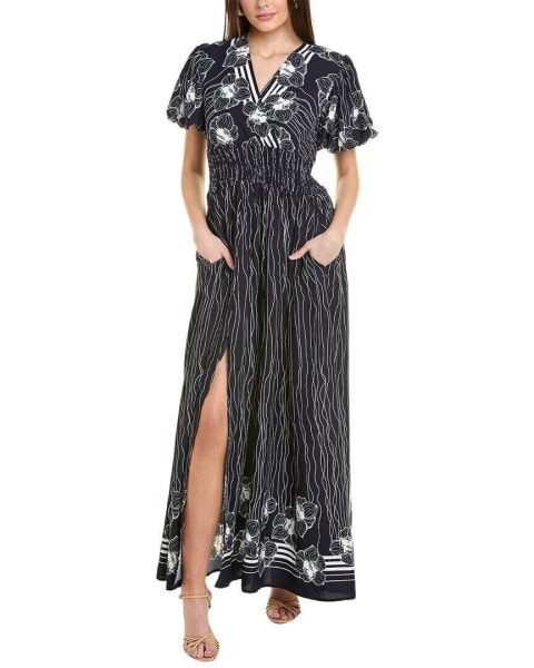 Gracia Lines & Flower Print V-Wrap Maxi Dress Women's