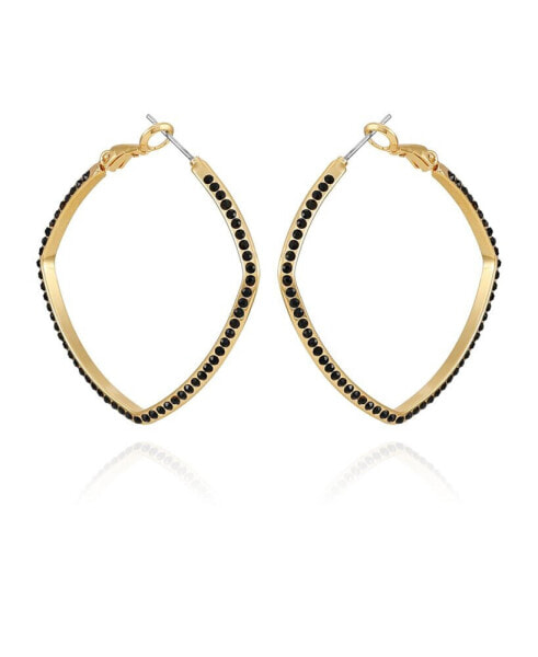Gold-Tone and Black Glass Stone Hoop Earrings