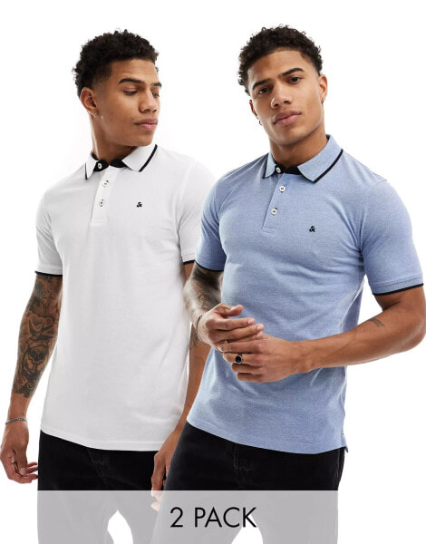 Jack & Jones 2 pack tipped pique polo in blue & white