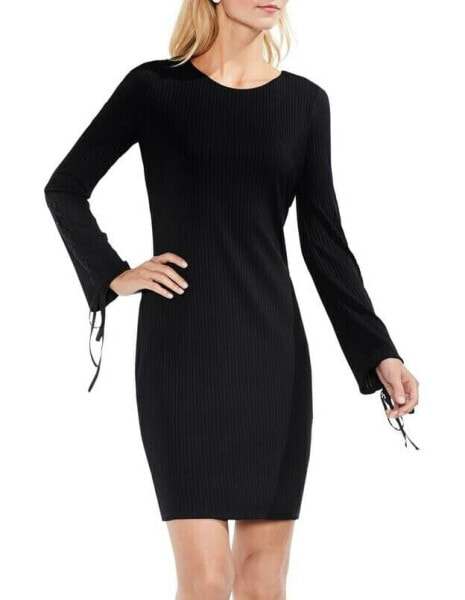 Vince Camuto 154885 Women's Lace-Up Sleeve Ribbed Dress Black Sz. Small