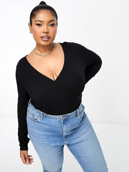 ASOS DESIGN Curve long sleeve wrap top in black