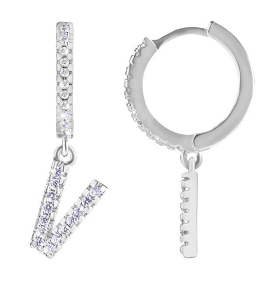 Round steel single earrings "V" with zircons