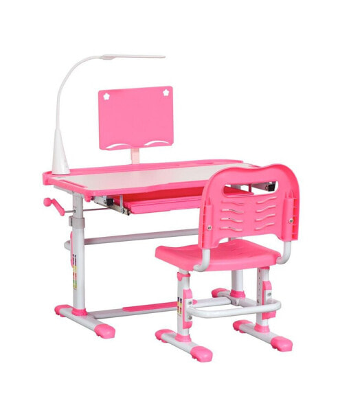 Kids Desk and Chair Set, Height Adjustable School Study Table and Chair, Student Writing Desk with Tilt Desktop, LED Lamp, Pen Box, Drawer, Reading Board, Cup Holder, and Pen Slots, Pink