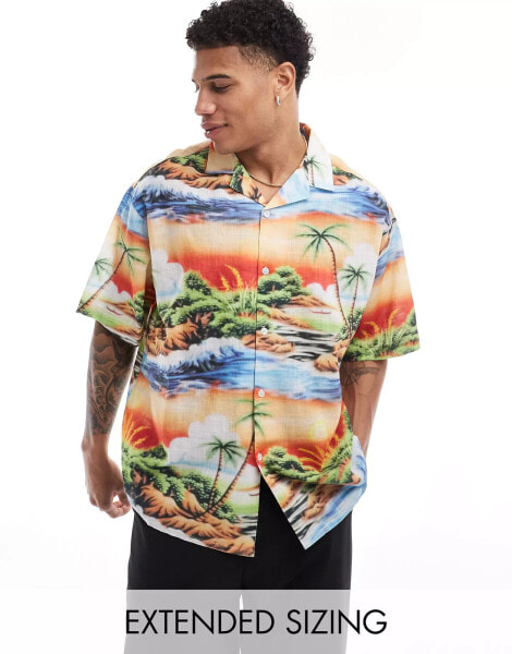 ASOS DESIGN oversized revere linen look shirt with hawaiian print