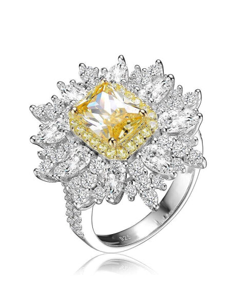 Sterling Silver White Gold Plated Yellow Radiant with Clear Cubic Zirconia Halo Ring