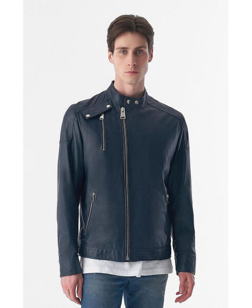 Men's Genuine Leather Snap Detail Jacket, Navy