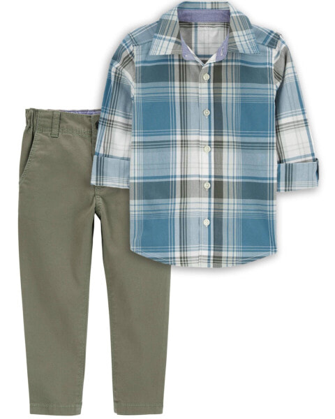 Toddler 2-Piece Plaid Button-Front Shirt & Chino Pants Set 3T