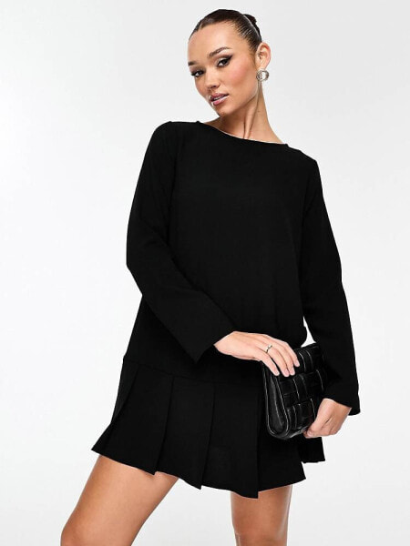 ASOS DESIGN long sleeve dropped waist box pleat mini dress in black