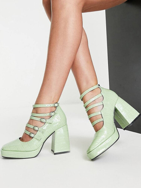 Daisy Street heeled shoes with strap detailing in sage green vinyl