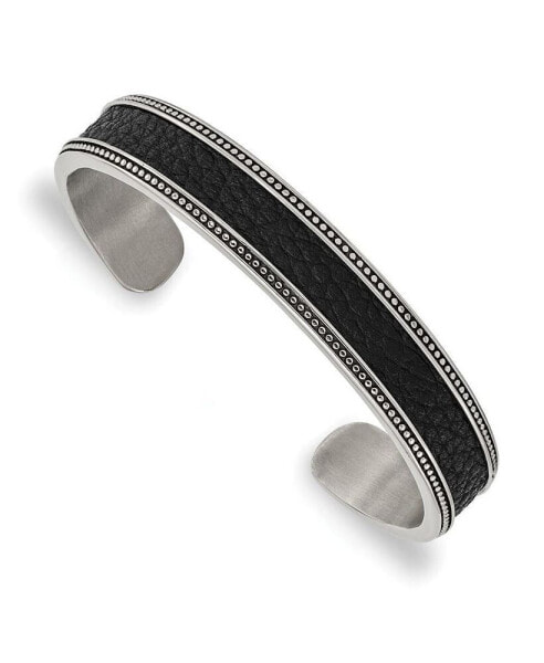 Stainless Steel with Textured Leather Inlay Cuff Bangle