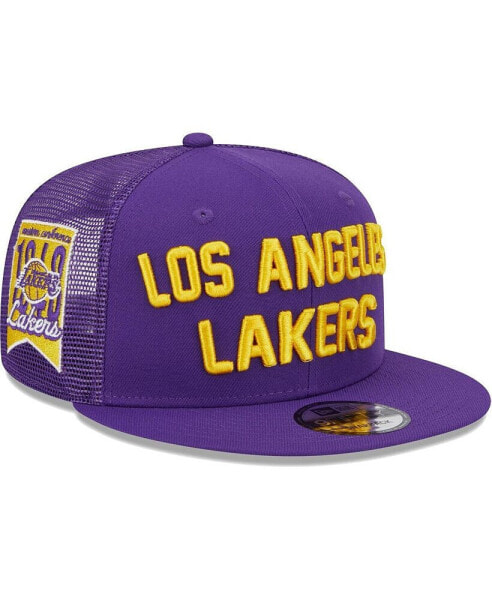 Men's Purple Los Angeles Lakers Stacked Script 9Fifty Trucker Snapback Hat