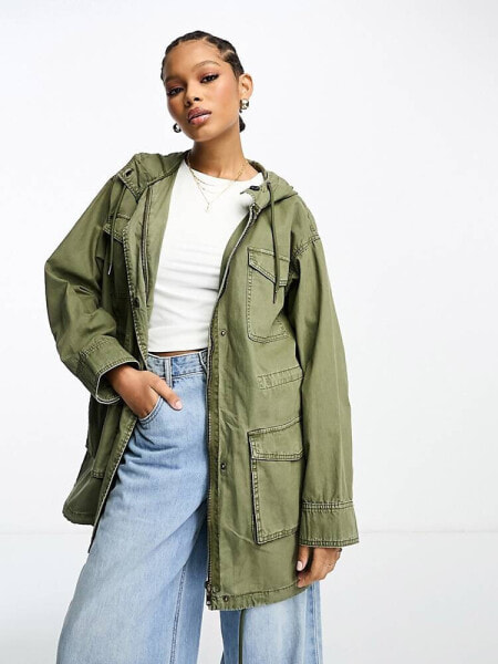 ASOS DESIGN four pocket utility parka jacket in khaki