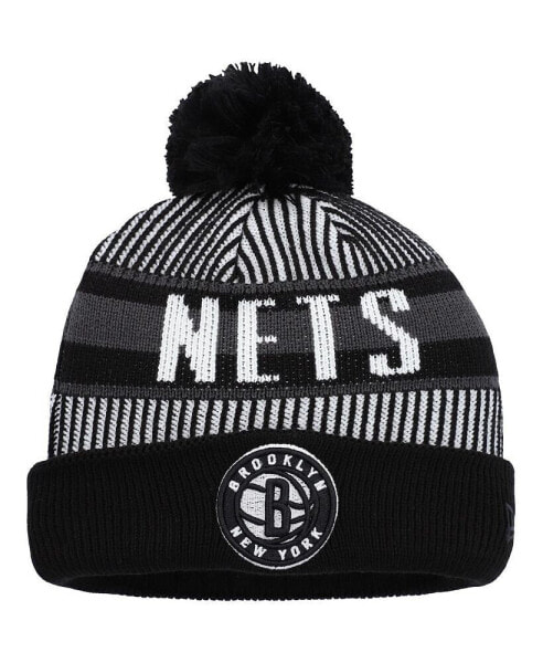 Big Boys Black Brooklyn Nets Stripe Cuffed Knit Hat with Pom