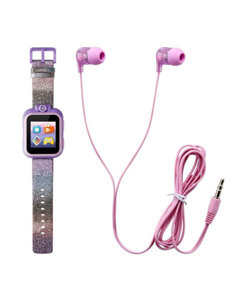 Kid's Purple Gradient Glitter Silicone Strap Touchscreen Smart Watch 42mm with Earbuds Gift Set