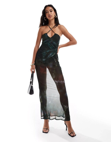 ASOS DESIGN sheer asymmetric strappy neckline layered ruched maxi dress with body in abstract print