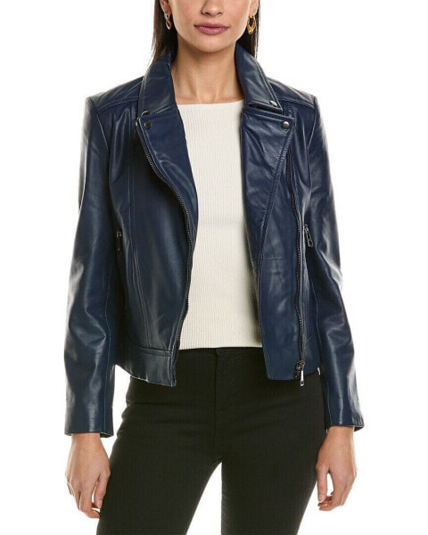 Ted Baker Fitted Leather Biker Jacket Women's Blue 6