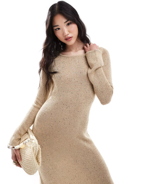 Pretty Lavish sequin long sleeve knit maxi dress in champagne gold