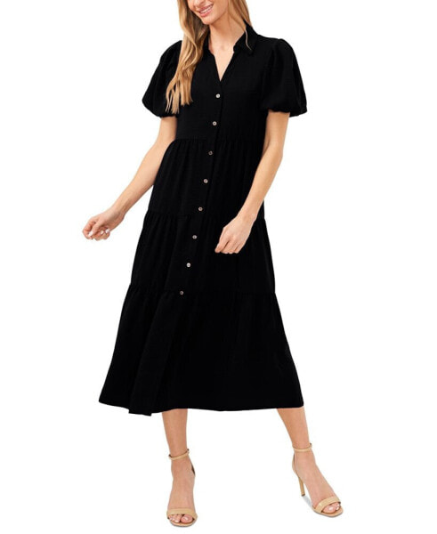 Women's Collared Short-Sleeve Tiered Shirtdress