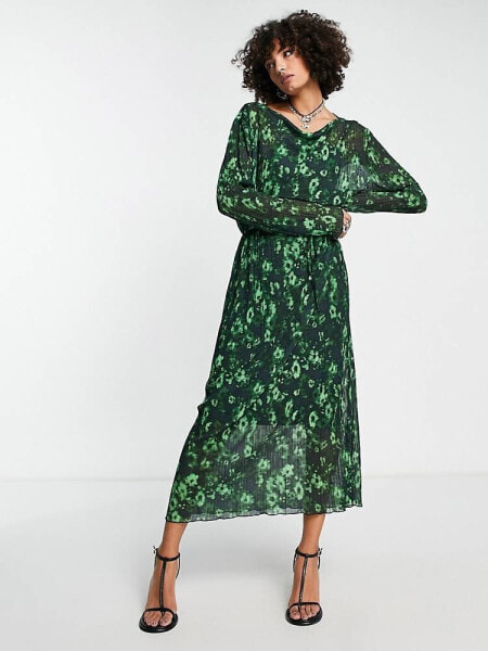 Edited tie waist midi dress in smudge green floral 