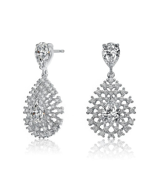 Sterling Silver with White Gold Plated Clear Pear with Round Cubic Zirconia Lace Cluster Drop Earrings