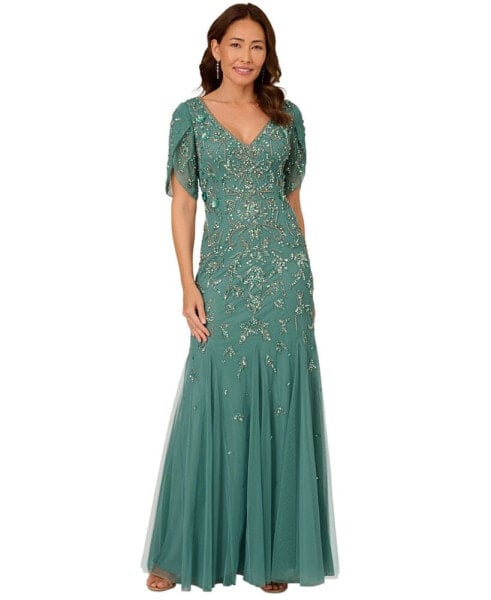 Women's Beaded Petal-Sleeve Mermaid Gown