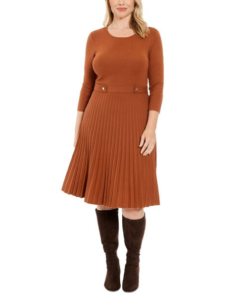 Women's 3/4-Sleeve Pleated Fit & Flare Dress