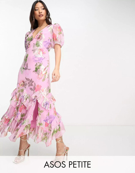 ASOS DESIGN Petite ruffle frill hem maxi dress in pink lurex rose print