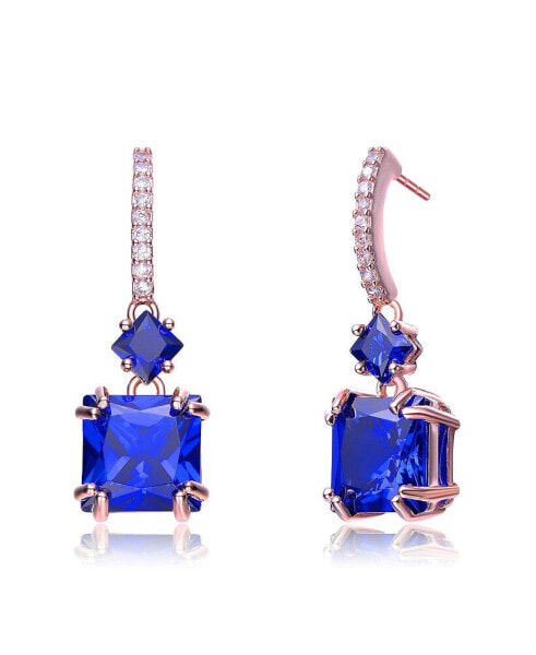 Cubic Zirconia Sterling Silver 18K Rose Plated Sapphire Square Shape Drop Earrings
