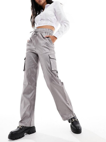 Pieces metallic satin wide leg cargo trousers in grey