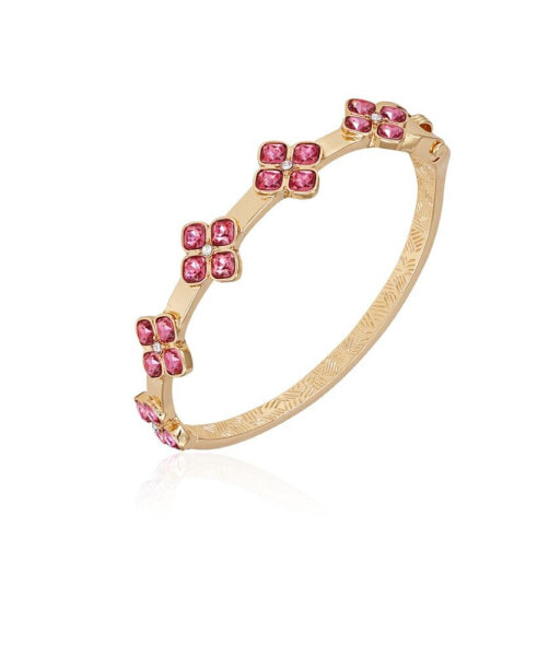 Gold-Tone Rose Glass Stone Oval Hinge Bangle Bracelet