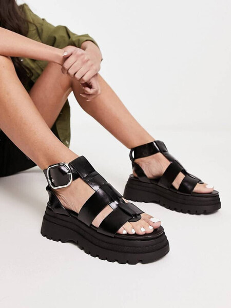 ASOS DESIGN Factor buckle hardware fisherman flat sandals in black