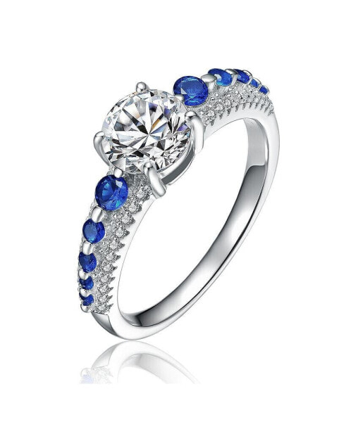 Sterling Silver Rhodium Plated with Sapphire Cubic Zirconia Engagement Ring