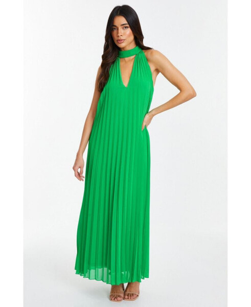 Women's Chiffon Pleated High Neck Midi Dress