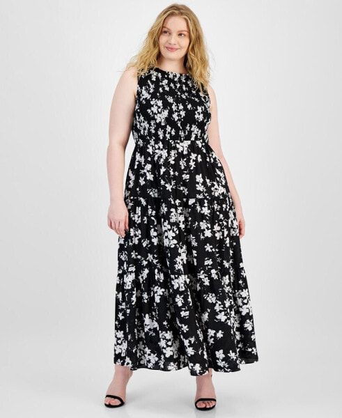 Plus Size Floral Smocked-Bodice Maxi Dress