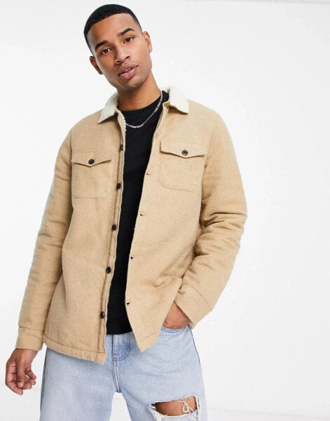 Threadbare borg lined overshirt shacket in camel