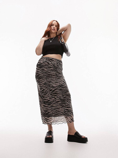 Topshop Curve mesh grunge lace top zebra print midi skirt in pink and black 