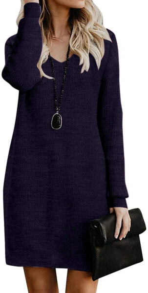 Style Dome Women's elegant V-neck knitted jumper dress long sleeve knitted jumper dresses