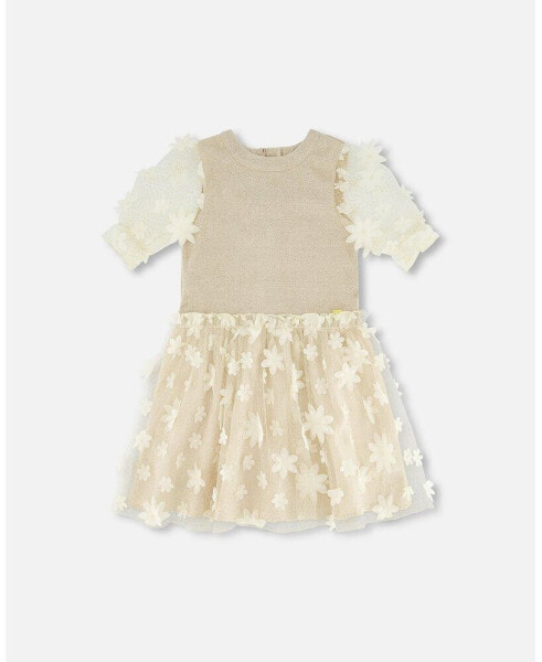 Little Girls Elbow Sleeve Dress With Tulle Skirt Glittering Beige - Toddler|Child