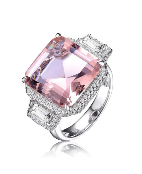 Sterling Silver with Rhodium Plated Morganite Asscher with Clear Emerald Cubic Zirconia Halo Three-Stone Ring