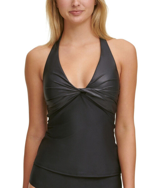 Dkny 276886 Twist-Front Halter Tankini Top Women's Swimsuit, LG, Black/Leather