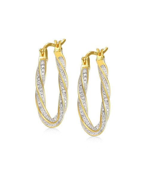 14k Gold Plated with Cubic Zirconia Oval Oblong Twist Hoop Earrings in Sterling Silver