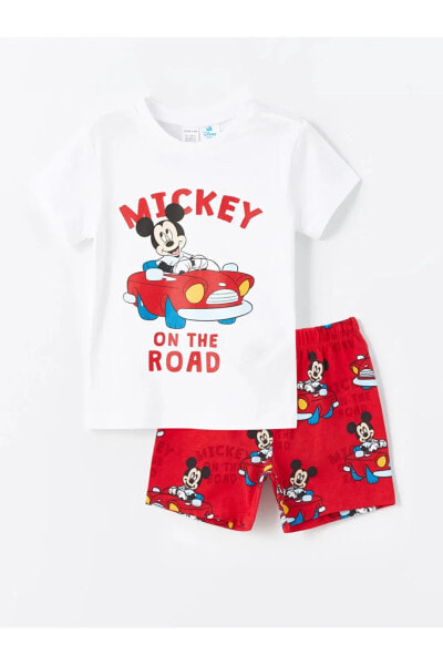 LCW baby Bisiklet Yaka Kısa Kollu Mickey Mouse Baskılı Erkek Bebek Şortlu Pijama Takımı