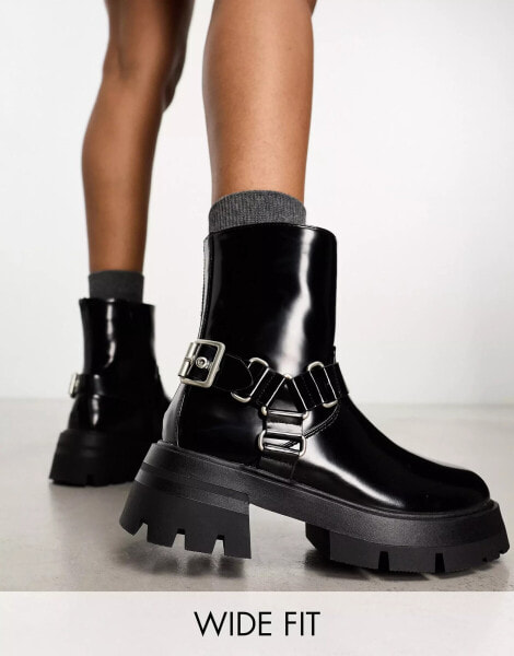 Public Desire Wide Fit Blizzard harness biker boots in black