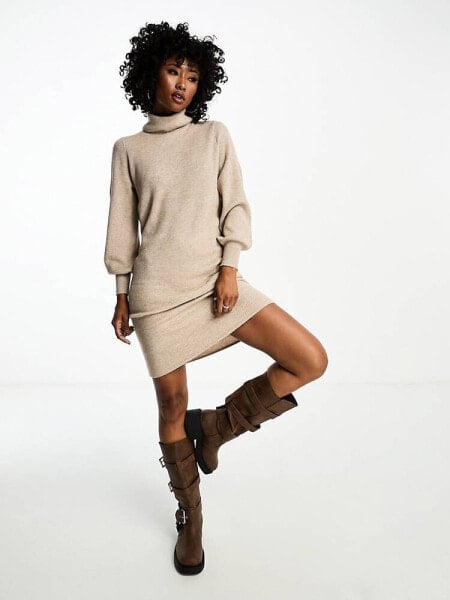 Only roll neck puff sleeve knitted midi jumper dress in beige