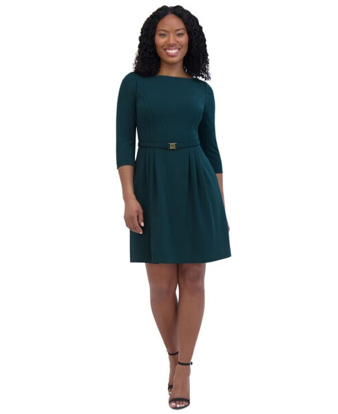 Petite Belted Pleated 3/4-Sleeve Dress